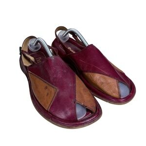 Trench Sandals Womens 39 Burgundy Tan Leather Patchwork Slingback Made in Italy